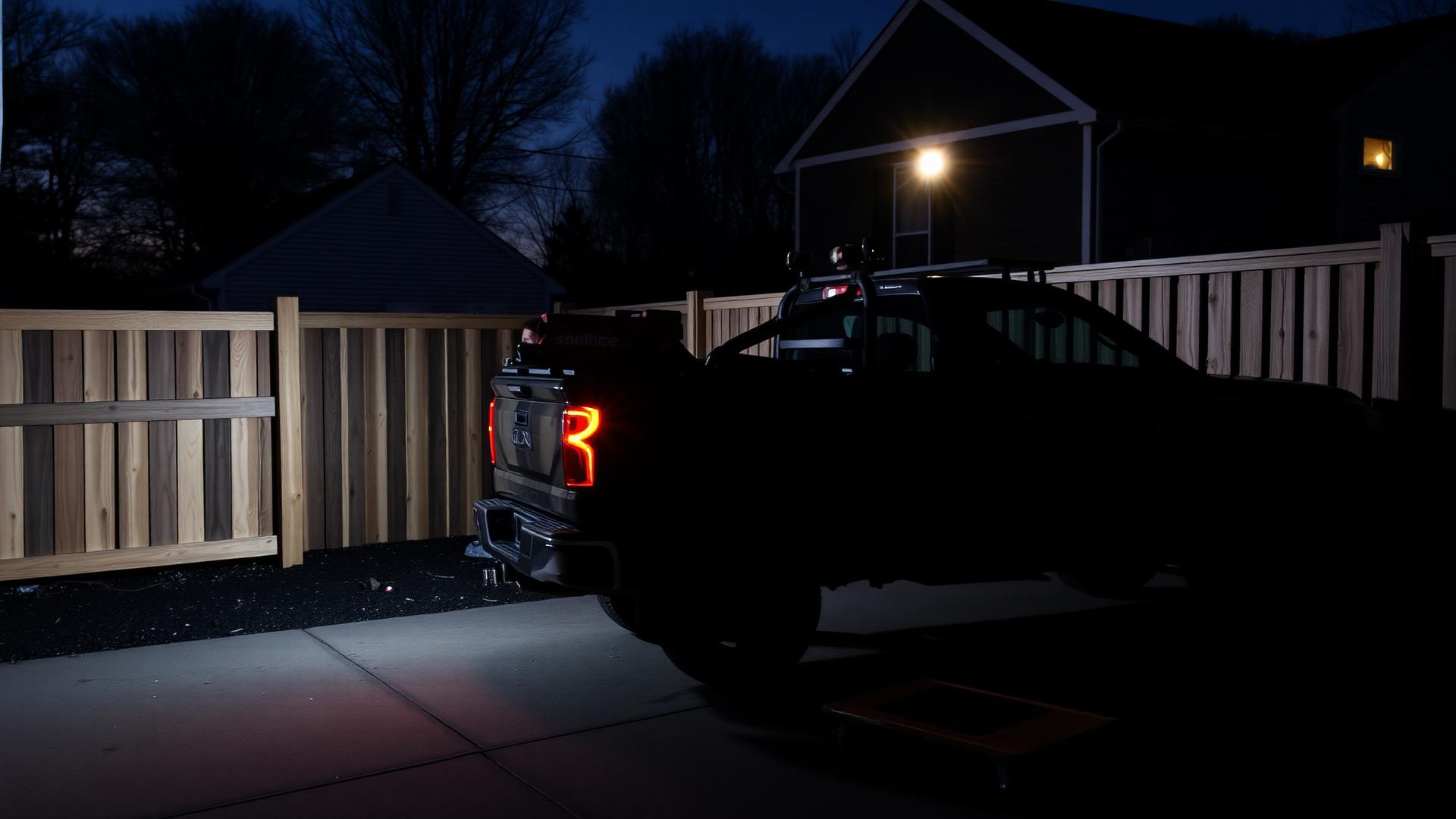Work truck and completed fence and driveway at a New Hampshire property at dusk