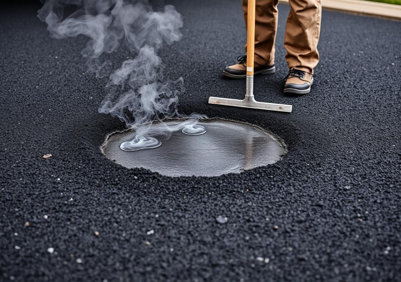 Hot asphalt patch being raked into a driveway pothole repair