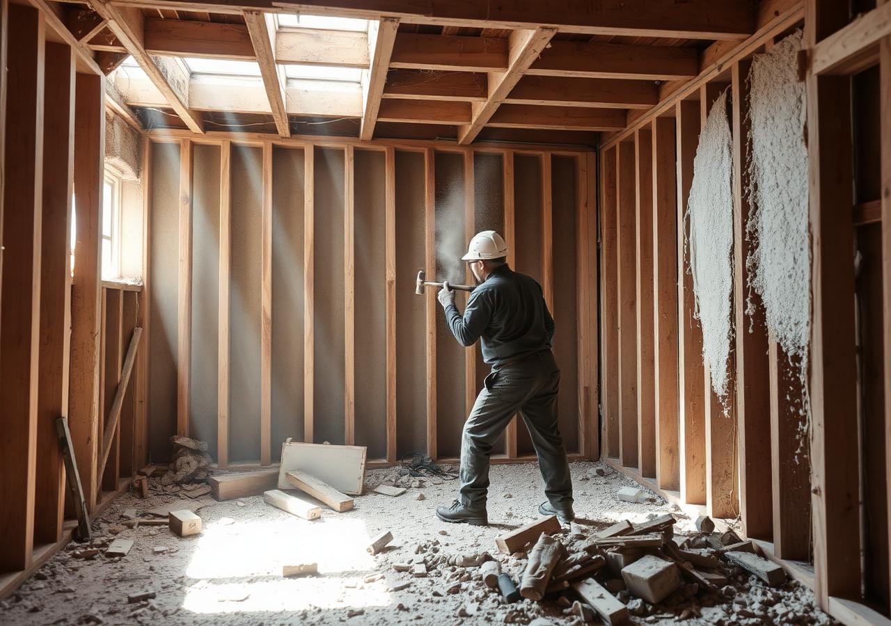 Interior demolition in progress with exposed framing and debris removal