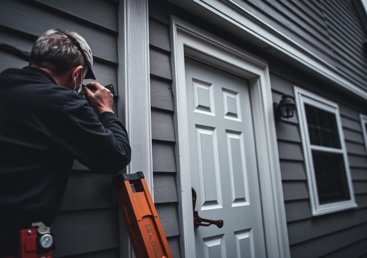Contractor completing exterior trim and door installation on a home